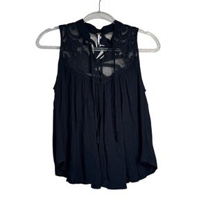 Free People Western Romance Mesh Lace Applique Tank Top Blouse Black Womens XS